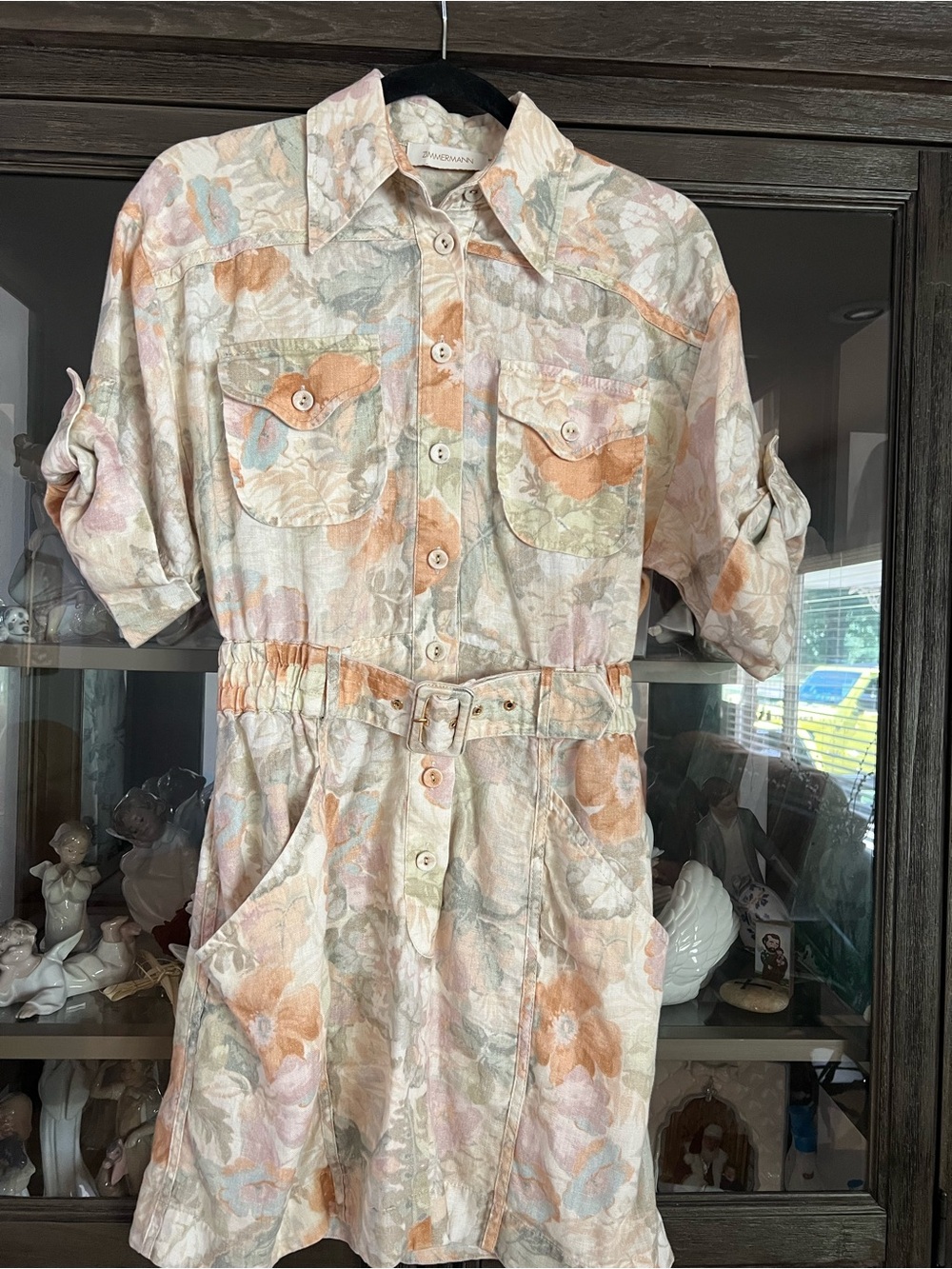 Zimmermann Beige and Cream Floral linen Belted Shirt Mini Dress. Sz 0.